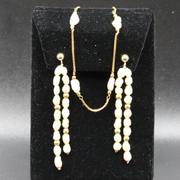 14k Pearl Station Bracelet and 14K Pearl Earrings Set - Picture 1 of 9